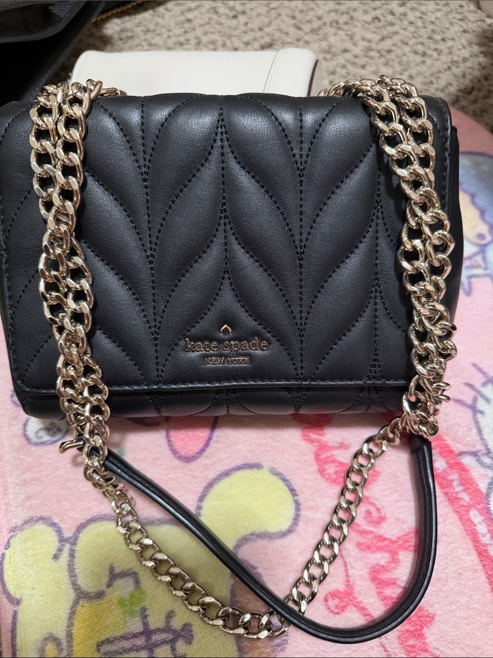 kate spade Black Quilted Leather Crossbody with Gold Chain